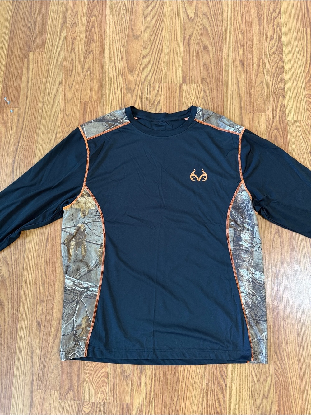 Realtree Black Long Sleeve Performance Tee with Orange Trim